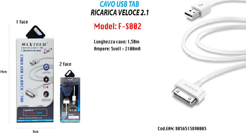 Cavo Usb Ricarica Filo Tab 2.1 Lunghezza 1,5mt Ampere 5v-2100ma Maxtech F-s002 Cavi Smartphone Trade Shop italia - Napoli, Commerciovirtuoso.it