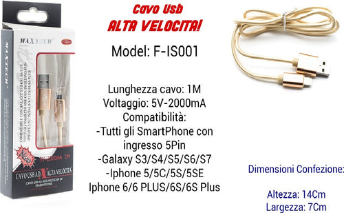 Cavo Usb Ricarica Veloce Iphone Galaxy 5volt-2000ma 1,00mt 5 Pin Maxtech F-is001 Cavi Smartphone Trade Shop italia - Napoli, Commerciovirtuoso.it
