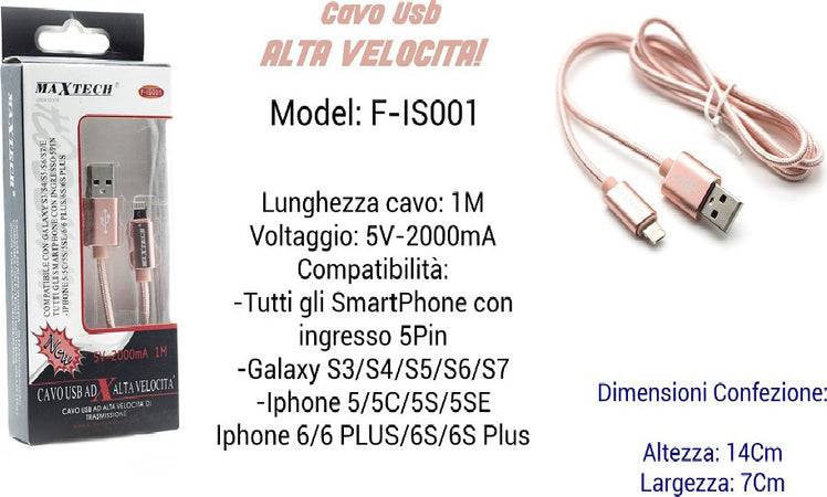 Cavo Usb Ricarica Veloce Iphone Galaxy 5volt-2000ma 1,00mt 5 Pin Maxtech F-is001 Cavi Smartphone Trade Shop italia - Napoli, Commerciovirtuoso.it