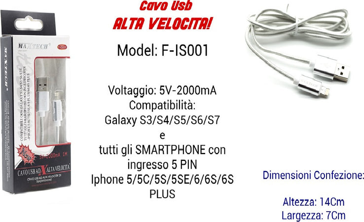 Cavo Usb Ricarica Veloce Iphone Galaxy 5volt-2000ma 1,00mt 5 Pin Maxtech F-is001 Cavi Smartphone Trade Shop italia - Napoli, Commerciovirtuoso.it