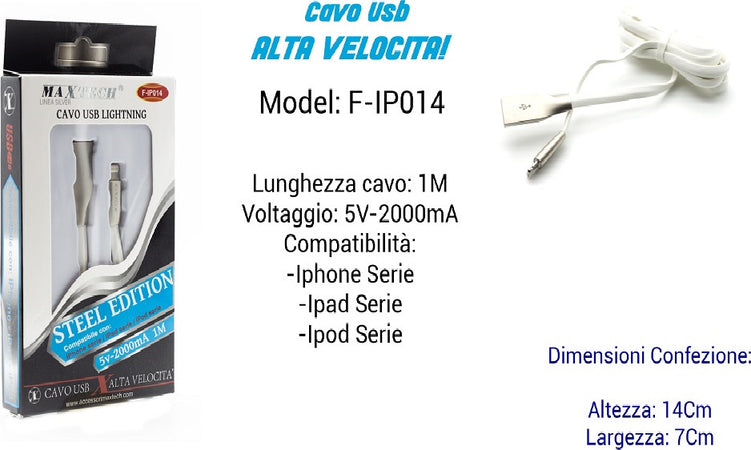 Cavo Usb Ricarica Veloce X Iphone Ipad Ipod 5volt - 2000ma 1mt Maxtech F-ip014 Elettronica/Cellulari e accessori/Accessori/Cavi e adattatori/Cavi USB Trade Shop italia - Napoli, Commerciovirtuoso.it