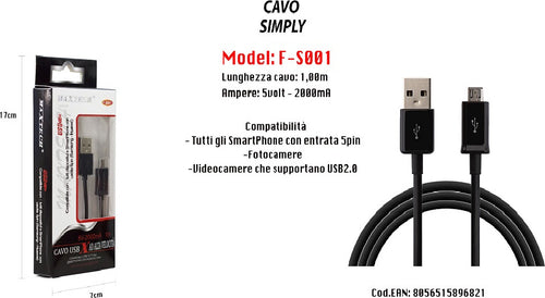 Cavo Usb Simply Smartphone Samsung 5volt - 2000ma 1,00mt 5pin Maxtech F-s001 Cavi Smartphone Trade Shop italia - Napoli, Commerciovirtuoso.it
