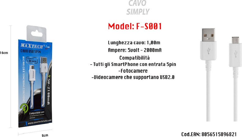Cavo Usb Simply Smartphone Samsung 5volt - 2000ma 1,00mt 5pin Maxtech F-s001 Cavi Smartphone Trade Shop italia - Napoli, Commerciovirtuoso.it