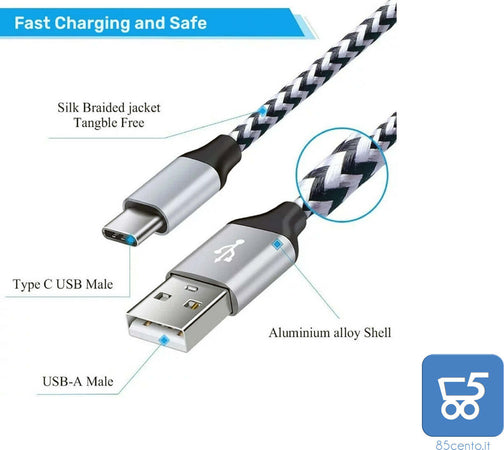 Cavo USB type-C 1Mt 2 Pezzi 3A Ricarica Rapida Nylon Intrecciato compatibile con gli smartphone tablet PC