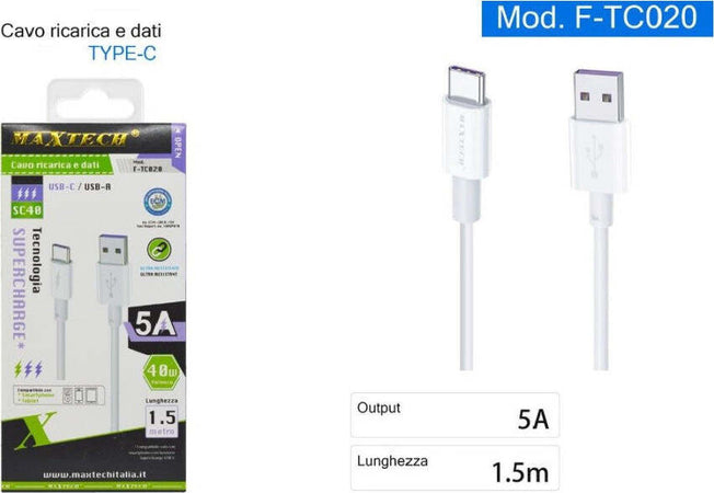 Cavo-Usb-Type-c-5a-1.5-Metri-Dati-Ricarica-Rapida-Per-Smartphone-Tablet-F-tc020