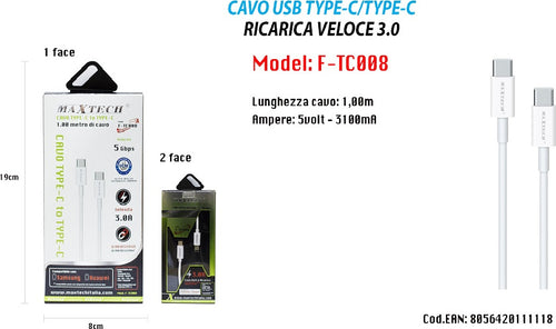 Cavo Usb Type-c A Usb Type-c 3.0 1mt Compatibile Samsung Huawei Maxtech F-tc008 Cavi Smartphone Trade Shop italia - Napoli, Commerciovirtuoso.it