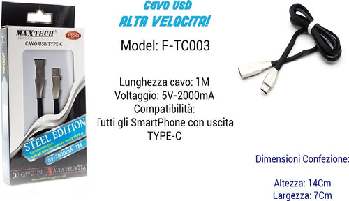 Cavo Usb Type-c Alta Velocita' Per Smartphone 1mt Ampere 5v - 2000ma Maxtech F-tc003 Cavi Smartphone Trade Shop italia - Napoli, Commerciovirtuoso.it