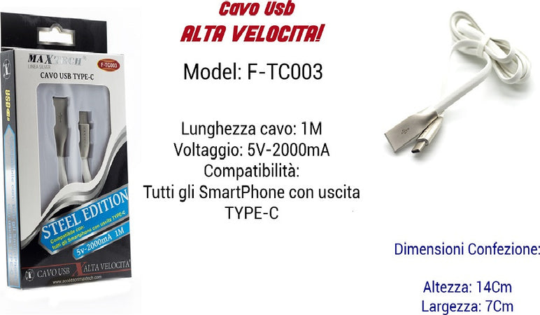 Cavo Usb Type-c Alta Velocita' Per Smartphone 1mt Ampere 5v - 2000ma Maxtech F-tc003 Cavi Smartphone Trade Shop italia - Napoli, Commerciovirtuoso.it