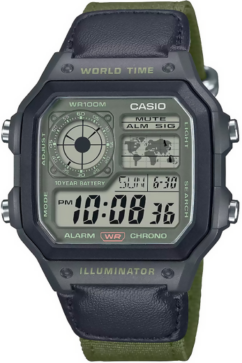 Orologio Casio per uomo, AE-1200WHUB-3A, serie vintage con fusi orari, orari mondiali, retroillumnato, movimento al quarzo