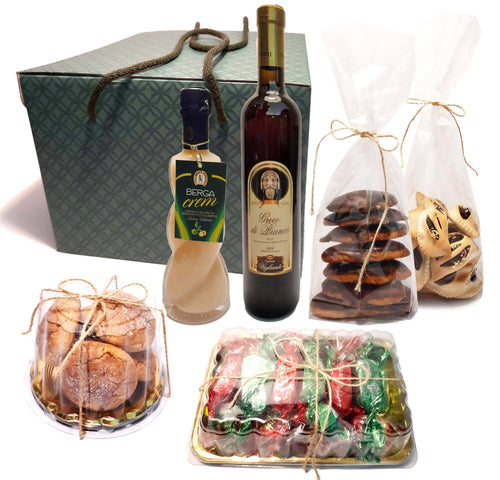 Cesto Natalizio prodotti Artigianali Tipici Calabresi Sweet Box Torroni, Sammartine, Amaretti, Crema di liquore e Passito Confezione idea regalo per il Natale Antonio Lizzi