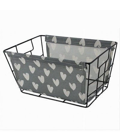 Cesto Porta Oggetti In Ferro Tessuto Stampa A Cuori Con Manici 30x20x15 Cm 10618