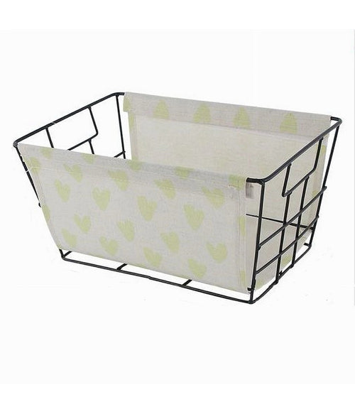 Cesto Porta Oggetti In Ferro Tessuto Stampa Cuori Gialli Manici 30x20x15cm 10617