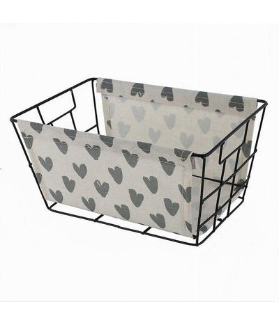 Cesto Porta Oggetti In Ferro Tessuto Stampa Cuori Grigi Manici 30x20x15 Cm 10619