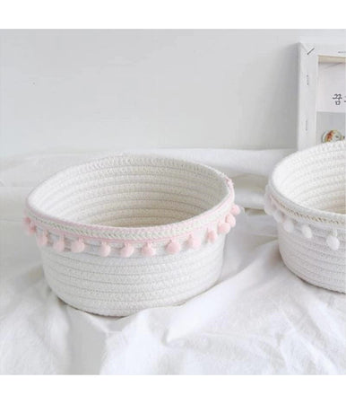 Cesto Porta Oggetti Per Biancheria In Corda Pon Pon Rosa Cestino 30x14 Cm 10667