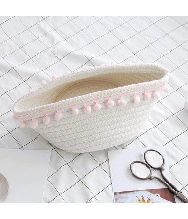 Cesto Porta Oggetti Per Biancheria In Corda Pon Pon Rosa Cestino 30x14 Cm 10667