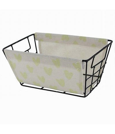 Cesto Portaoggetti In Ferro Tessuto Stampa A Cuori Galli Manici 25x15x12cm 10614