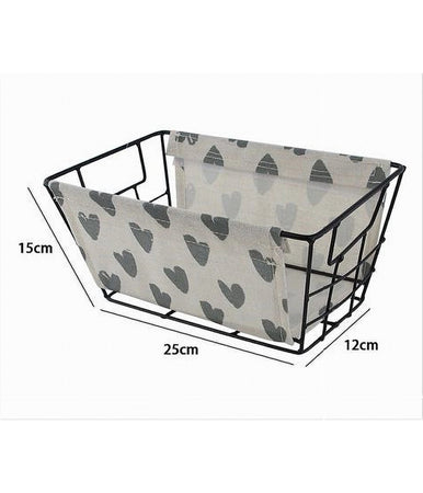 Cesto Portaoggetti In Ferro Tessuto Stampa A Cuori Grigi Manici 25x15x12cm 10616
