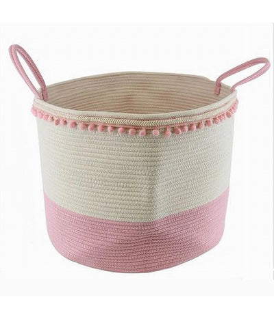 Cesto Portaoggetti Per Biancheria In Corda Pon Pon Rosa Con Manici 50x35cm 10669