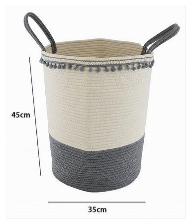 Cesto Portaoggetti Per Biancheria In Corda Ponpon Grigi Con Manici 35x45cm 10672