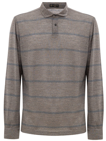 Corneliani Polo manica lunga 2 bottoni grigio righe blu da uomo