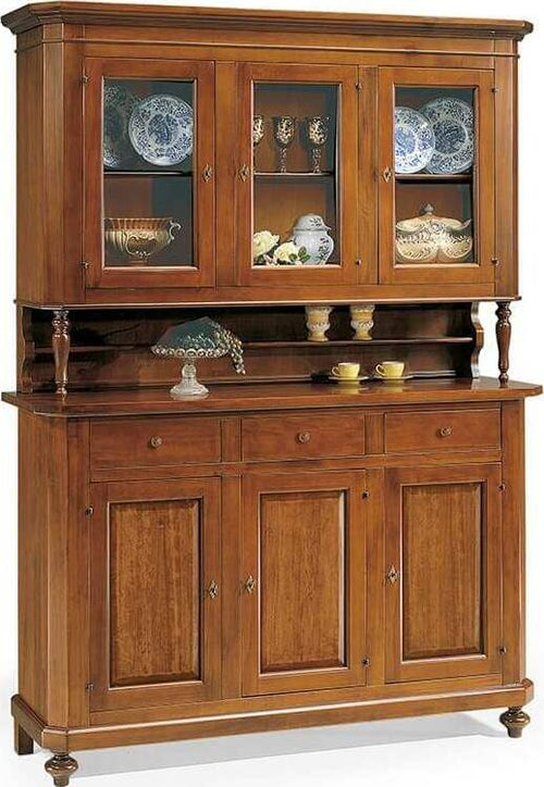 CHELSEY---credenza-con-vetrina-in-legno-massello-150x43x218-Tinta-noce-Milani-Home