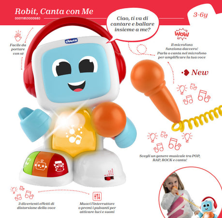 CHICCO-Robit-Canta-con-Me-gioco-robot-musicale-interattivo-effetti-vocali-generi-musicali-con-luci-e-suoni-da-3-anni-a-6-anni