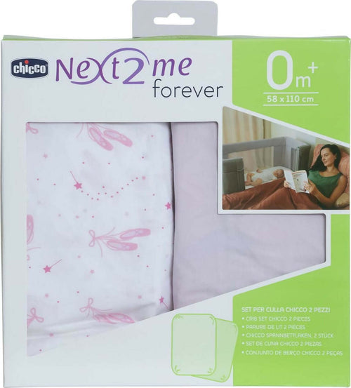 Chicco-Set-Lenzuola-Culla-2-Pezzi-Next2Me-Forever-Set-Lenzuola-Culla,-Pink-Ballet,-Ballet,-Lenzuoli-con-angoli-100%-cotone,-58x110-cm