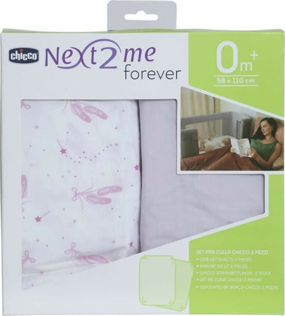 Chicco-Set-Lenzuola-Culla-2-Pezzi-Next2Me-Forever-Set-Lenzuola-Culla,-Pink-Ballet,-Ballet,-Lenzuoli-con-angoli-100%-cotone,-58x110-cm