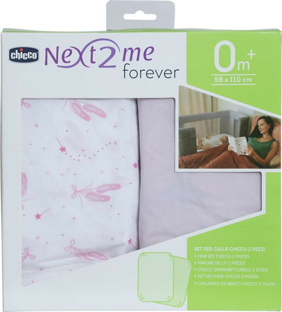 Chicco-Set-Lenzuola-Culla-2-Pezzi-Next2Me-Forever-Set-Lenzuola-Culla,-Pink-Ballet,-Ballet,-Lenzuoli-con-angoli-100%-cotone,-58x110-cm