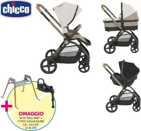 Chicco-Trio-Mysa-Con-Seggiolino-Auto-Kory-Is-Essential-Black-Con-Cushy-Hug-Con-Passeggino-Con-Navicella-Omaggio-Chicco-Stand-Lullaglide-e-BASE-PER-SEGGIOLINI-AUTO-FULL-360-I-SIZE,-Colore-Amber-Glow