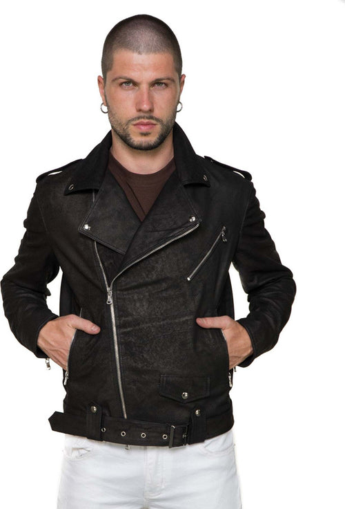 Chiodo-Tre-Tasche---Chiodo-Uomo-Nero-Effetto-Antichizzato-in-vera-pelle
