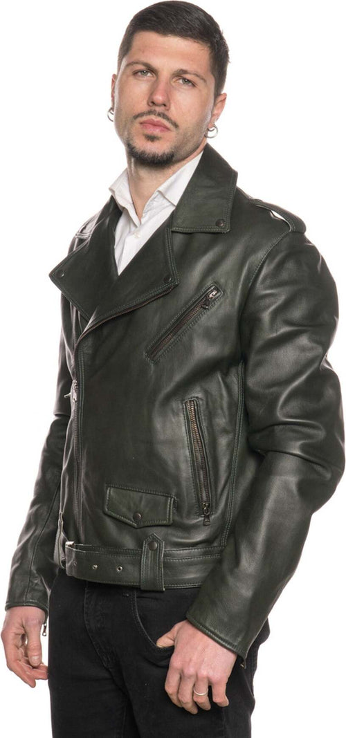 Chiodo-Tre-Tasche---Chiodo-Uomo-Verde-in-vera-pelle