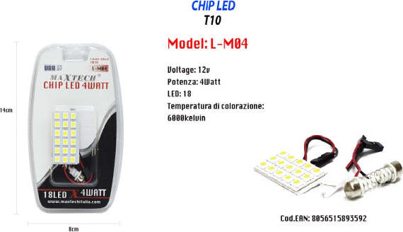 Chip Led 4 W 18 Led 12v Interni Auto Lampadina Ultra Luminose T10 Maxtech L-m04 Auto e Moto/Parti per auto/Luci lampadine e indicatori/Lampadine/Lampadine per esterno Trade Shop italia - Napoli, Commerciovirtuoso.it