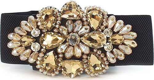 Cintura Donna Oro Fascia Larga Fiore E Pietre in Tessuto Elasticizzato Con Gioiello in Strass Sulla Parte Frontale Retro Con Chiusura a Clip 68 x73cm CLFC1638211 Moda/Donna/Accessori/Cinture You Store - Messina, Commerciovirtuoso.it