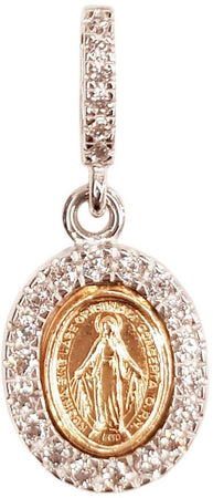Ciondolo Donna per Collana Madonna Miracolosa Pendente in Oro Giallo E Bianco 750/1000 Medaglia Gioiello per Collana Pietre Bianche Taglio Diamante Brillantini