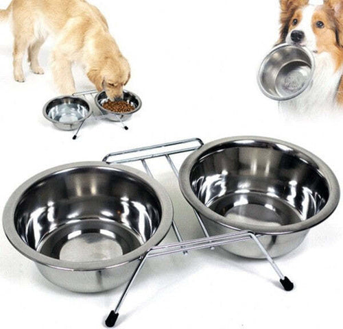 Ciotola-Doppia-Per-Cani-16-Cm-Con-Supporto-Cibo-Acqua-Crocchette-Acciaio