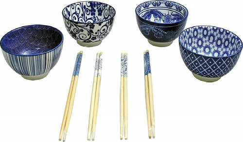 Ciotole Porcellana 4 Coppette + 4 Bacchette Blu Bianco Design Giapponese Per Riso Zuppa Cucina > Barattoli e Contenitori Trade Shop italia - Napoli, Commerciovirtuoso.it