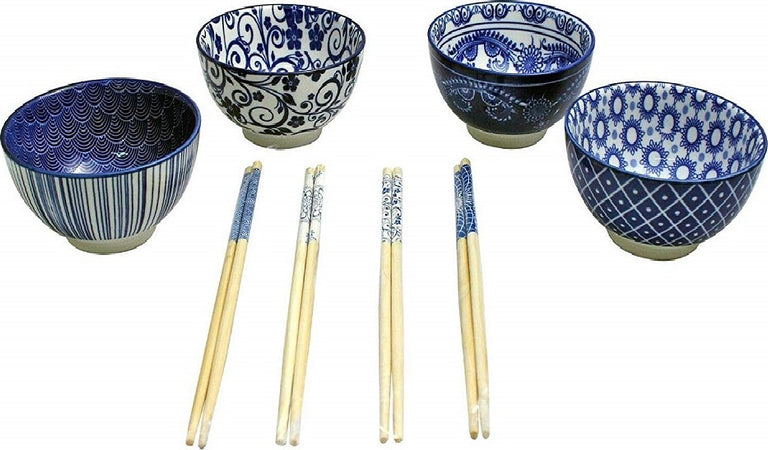 Ciotole Porcellana 4 Coppette + 4 Bacchette Blu Bianco Design Giapponese Per Riso Zuppa Cucina > Barattoli e Contenitori Trade Shop italia - Napoli, Commerciovirtuoso.it
