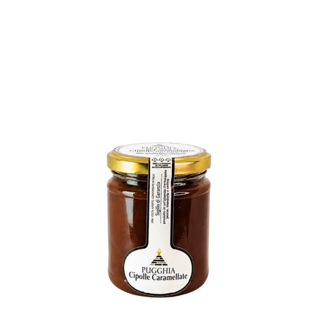 Barattolo di vetro con coperchio dorato e etichetta bianca contenente cipolle caramellate marrone scuro pugglia 200 g
