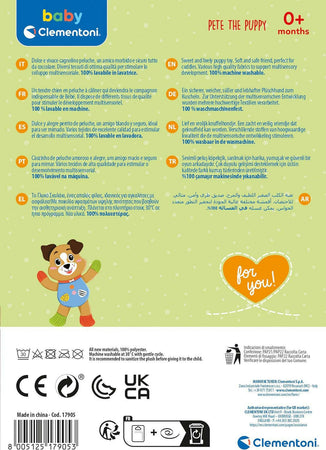 Clementoni--Baby-for-You-Cagnolino-Pete-The-Puppy-Peluche,-Gioco-Prima-Infanzia,-Giocattolo-Prime-attività,-Pupazzo-Neonato-100%-Lavabile-in-Lavatrice,-Multicolore,-17905