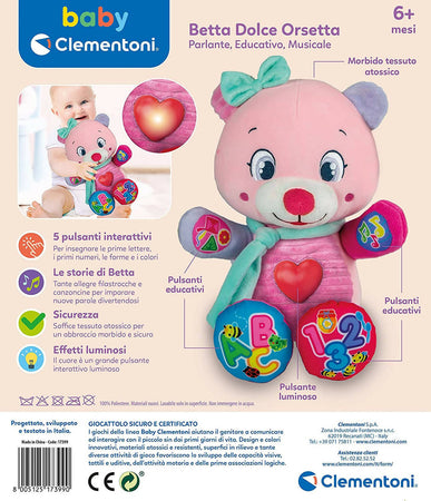 Clementoni- Betta Dolce Orsetto Peluche parlante interattivo-Gioco educativo Prima Infanzia, 6 Mesi+, 17399 Giochi e giocattoli/Giocattoli prima infanzia/Giochi musicali Sanitaria Gioia del Bimbo - Villa San Giovanni, Commerciovirtuoso.it