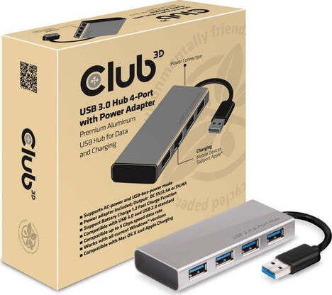 CLUB3D-Adattatore-Usb-Type-A-3.1-Gen1-TO-4-X-Usb-Type-A-3.0-in-Alluminio-con-Alimentazione