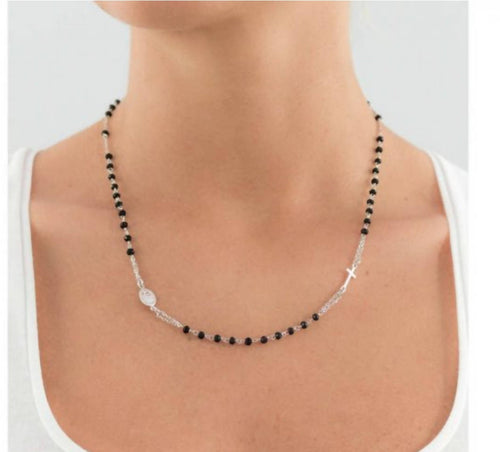 Collana con rosario in Argento 925 millesimi con pietre Onici Neri 47cm realizzata a mano da orafi Toscani