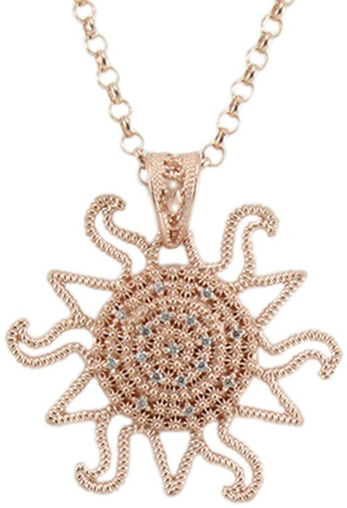 Collana filigrana sarda in argento rosa con pendente corbula sole con zirconi