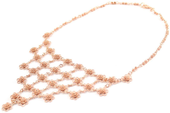 Collana donna filigrana sarda in argento placcato oro rosa nido d'ape a fiore