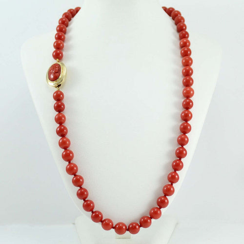 Collana donna filo corallo rosso e chiusura in oro giallo con cammeo 50 cm
