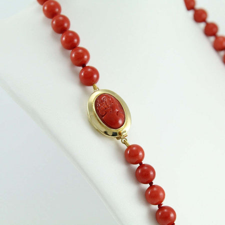 Collana donna filo corallo rosso e chiusura in oro giallo con cammeo 50 cm