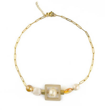 Collana Donna Girocollo in Vetro Di Murano Avorio Bijou Fashion Artigianale Made in Italy Collana Girocollo Con Perle Realizzate a Mano Catene E Chiusura Gancetto 46 Cm