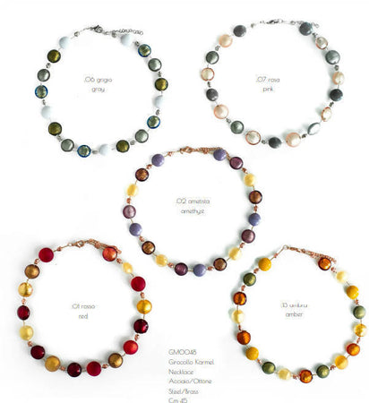 Collana Donna Girocollo in Vetro Di Murano Grigio Bijou Fashion Artigianale Made in Italy Collana in Ottone E Acciaio Con Perle Realizzate a Mano 47 Cm