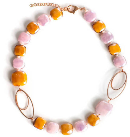 Collana Donna Girocollo in Vetro Di Murano Rosa Bijou Fashion Artigianale Made in Italy in Acciaio Con Perle Realizzate a Mano 46 Cm